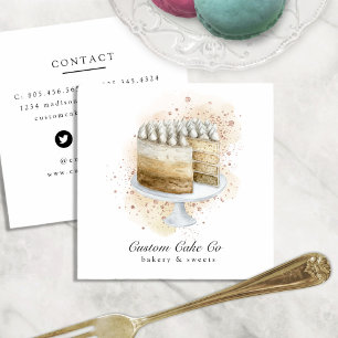 Tan, Gold Glitter & Floral Custom Cakes Bakery Square Business Card