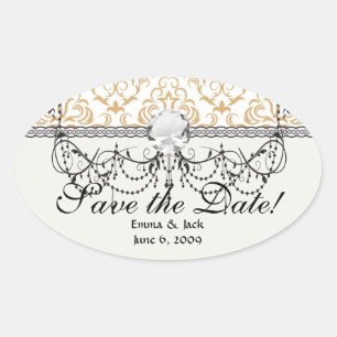 tan gold on white ornate damask pattern oval sticker