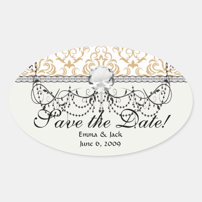 tan gold on white ornate damask pattern oval sticker (Front)