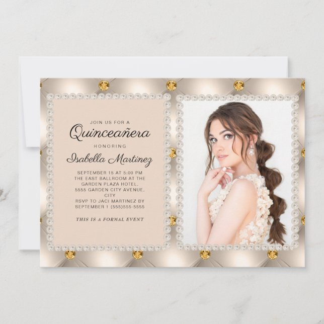 Tan Gold Satin Pearls Jewels Photo Quinceañera Invitation (Front)