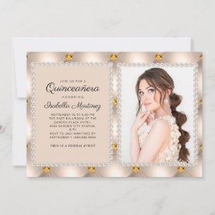 Tan Gold Satin Pearls Jewels Photo Quinceañera Invitation