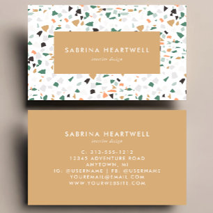 Tan Green Gray Terrazzo Pattern Interior Design Business Card