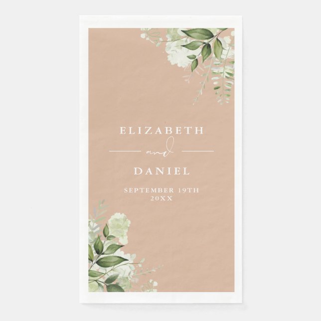 Tan Greenery Floral Elegant Wedding Napkin (Front)
