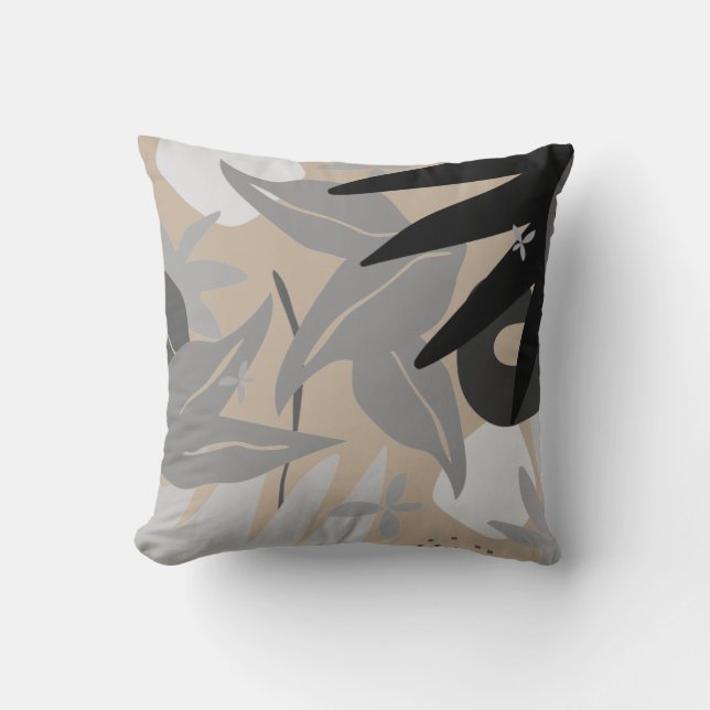Tan Grey & Black Artistic Abstract Botanical Cushion (Front)