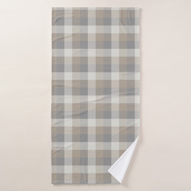 Tan Grey Ivory Neutral Rustic Plaid Bath Towel (Bath Towel)
