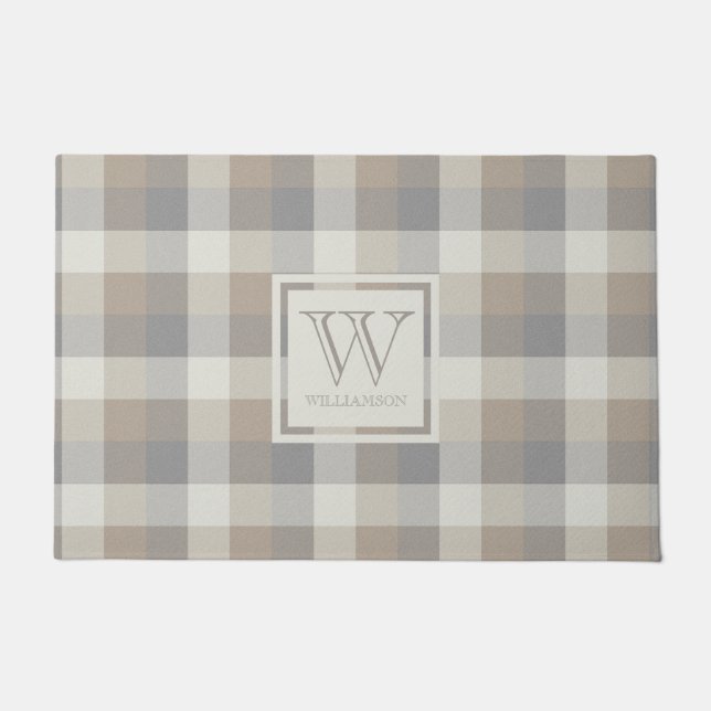 Tan Grey Ivory Neutral Rustic Plaid Monogram Doormat (Front)
