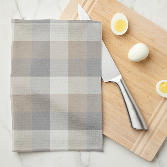 Tan Grey Ivory Neutral Rustic Plaid Tea Towel (Quarter Fold)