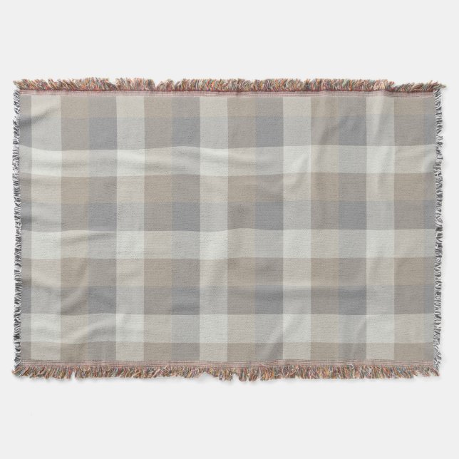 Tan Grey Ivory Neutral Rustic Plaid Throw Blanket (Front)