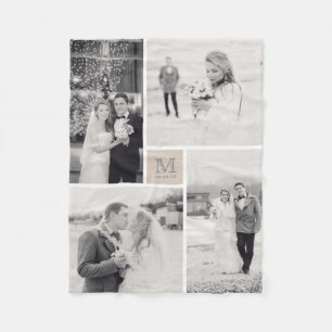 Tan Grey Square & Monogram 4 Photo Collage Wedding Fleece Blanket