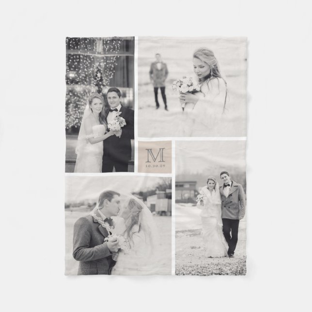 Tan Grey Square & Monogram 4 Photo Collage Wedding Fleece Blanket (Front)