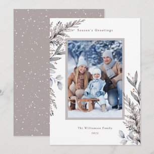 Tan & Grey Winter Botanicals Watercolor Photo Holiday Card