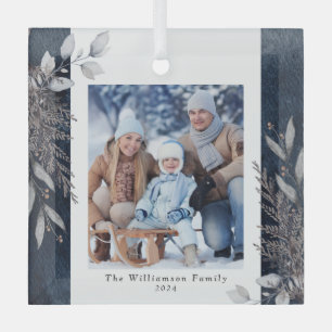 Tan & Grey Winter Foliage Photo Christmas Blue Glass Tree Decoration