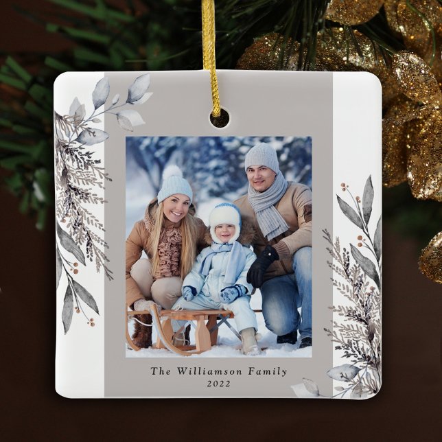 Tan & Grey Winter Foliage Photo Christmas Ceramic Ornament (Creator Uploaded)