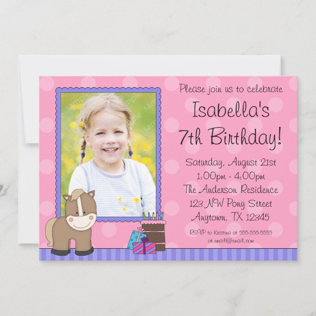 Tan Horse Pink Polka Dots Photo Birthday Party Invitation (Front)