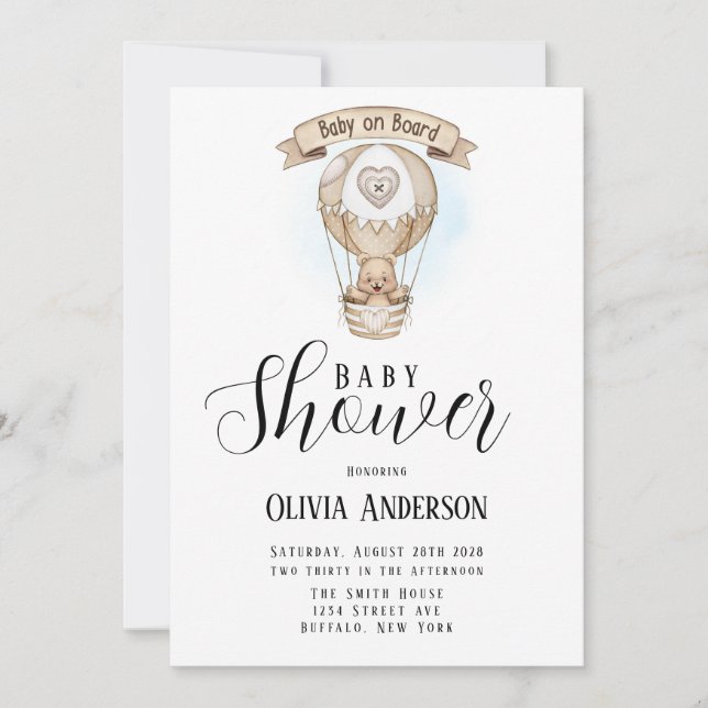 Tan Hot Air Balloon Teddy Bear Baby Shower Invitation (Front)
