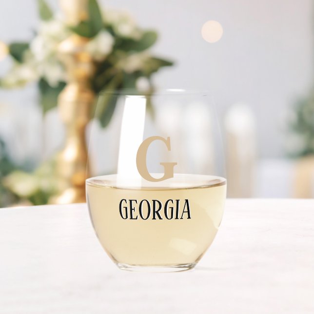 Tan Initial and Black Name | Modern Stemless Wine Glass (Insitu (Wedding))