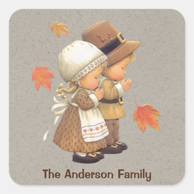 Tan Kraft Pilgrims Personalised Thanksgiving  Square Sticker (Front)