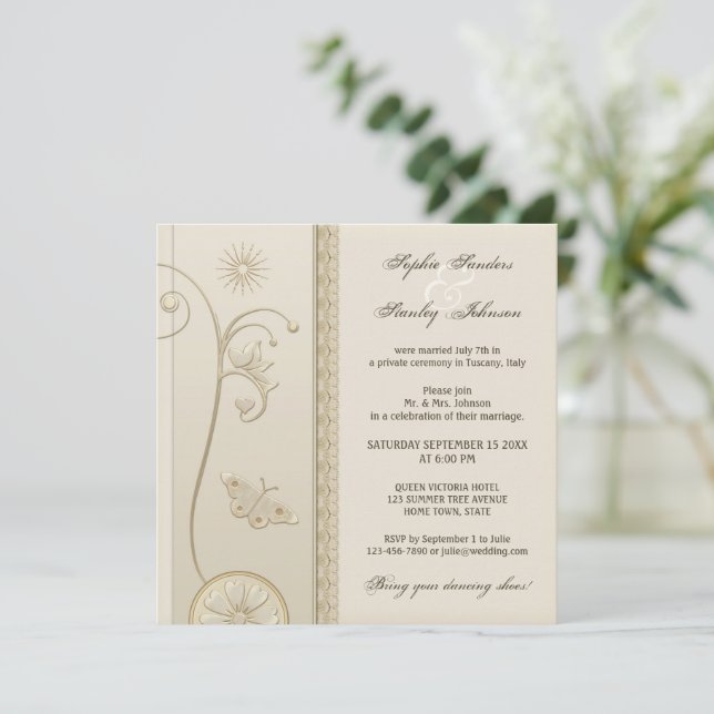 Tan Lace Floral After or Post Wedding Invitation (Standing Front)