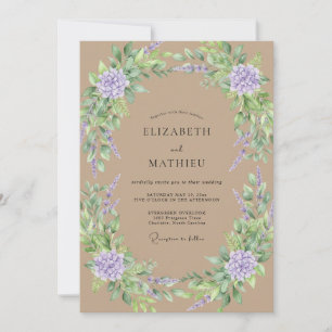 Tan Lavender Hydrangea Eucalyptus Wedding Invitation