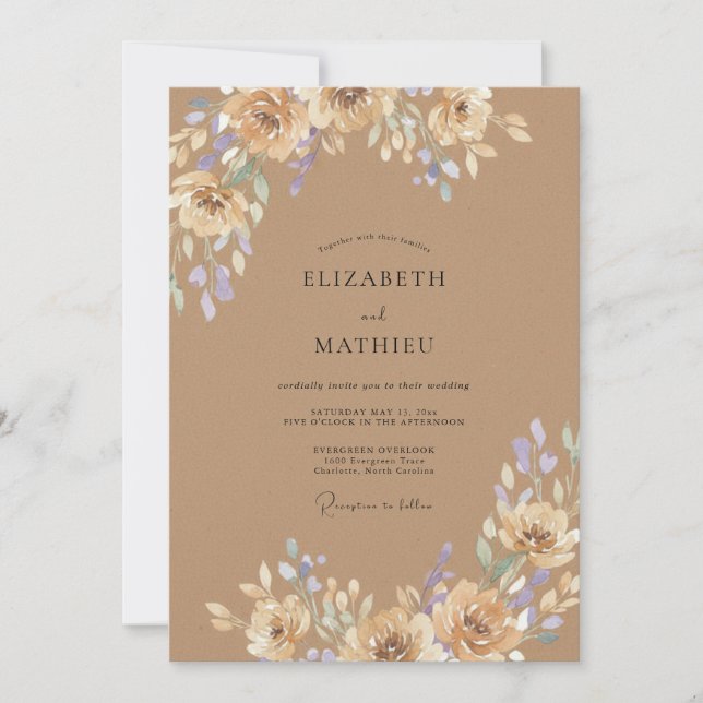 Tan Lavender Leafy Wedding Invitation (Front)