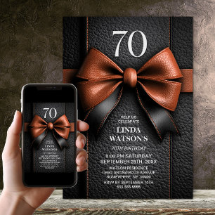 Tan Leather Bow 70th Birthday Party Invitation