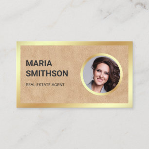 Tan Leather Gold Foil Photo Real Estate Agent Business Card