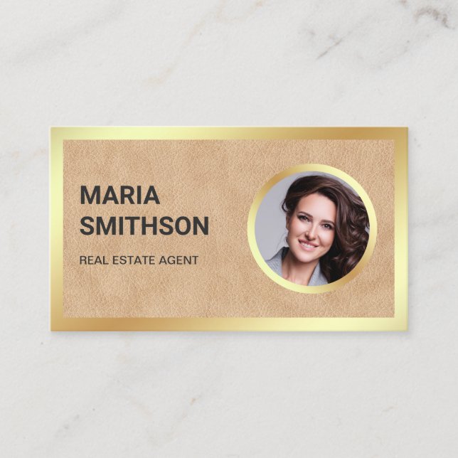 Tan Leather Gold Foil Photo Real Estate Agent Business Card (Front)