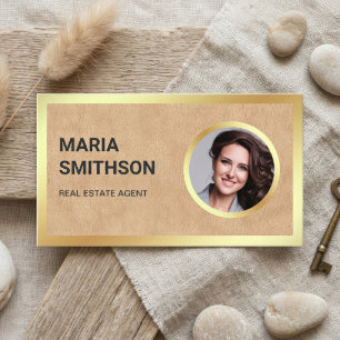 Tan Leather Gold Foil Photo Real Estate Agent Business Card