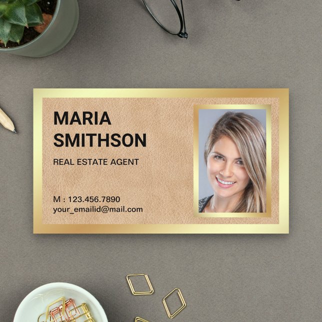 Tan Leather Gold Foil Real Estate Realtor Photo Business Card (Creator Uploaded)