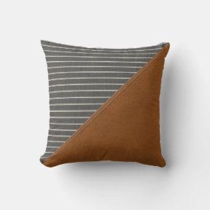 Tan Leather Gray Striped Linen Triangle Farmhouse Cushion