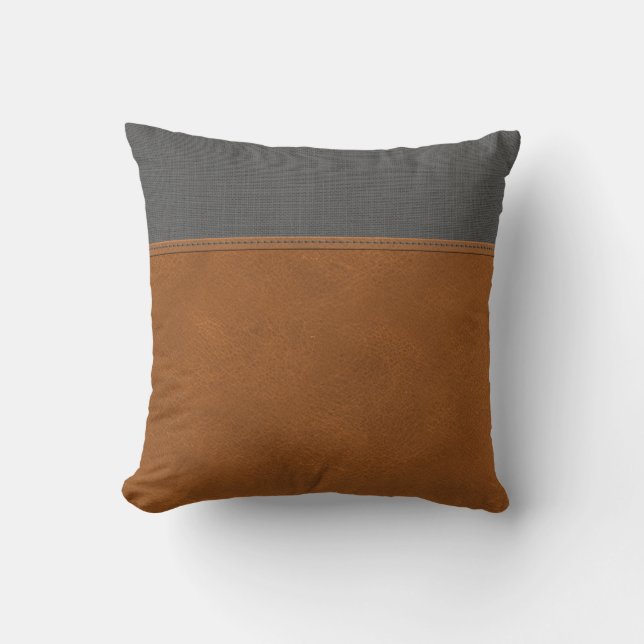 Tan Leather Grey Linen Look Chic Minimal Farmhouse Cushion (Front)
