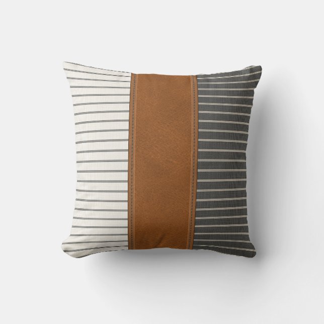 Tan Leather Striped Linen Minimal Farmhouse  Cushion (Front)