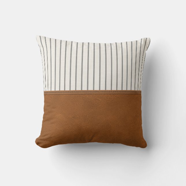 Tan Leather Striped White Linen Minimal Farmhouse Cushion (Front)