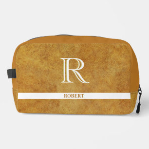 Tan Leather Texture Trim White Monogram Name   Dopp Kit