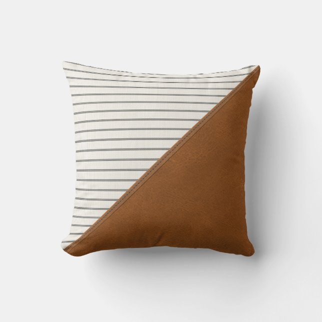 Tan Leather White Striped Linen Triangle Farmhouse Cushion (Front)
