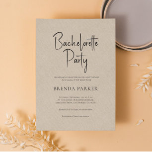 Tan Linen Simple Black Script Bachelorette Party Invitation