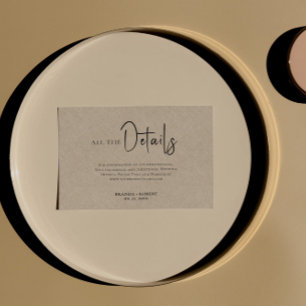 Tan Linen Simple Black Script Wedding Details Invitation