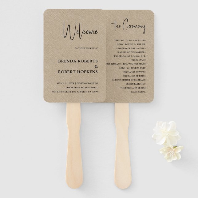 Tan Linen Simple Black Script Wedding Hand Fan (Front and Back)