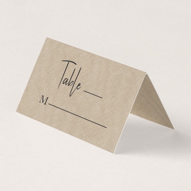 Tan Linen Simple Black Script Wedding Place Card (Front)