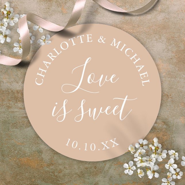 Tan Love Is Sweet Wedding Favor  Classic Round Sticker (Love Is Sweet Elegant Tan Wedding Favor Classic Round Sticker)