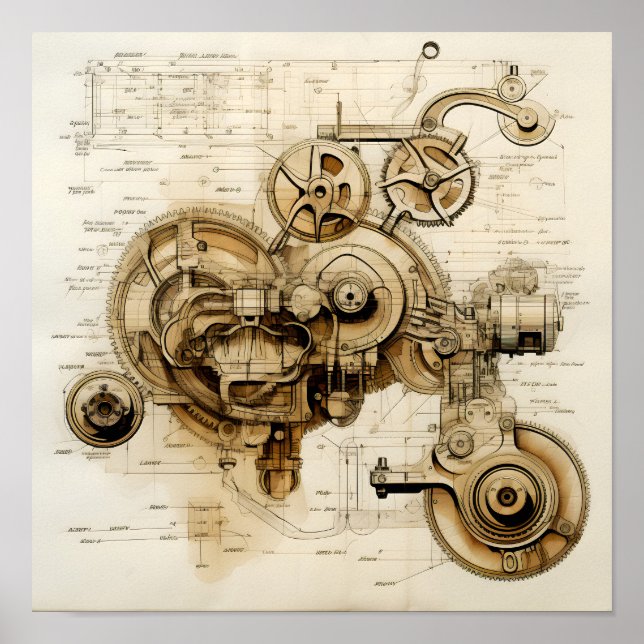 Tan Machine Blueprint Poster (Front)