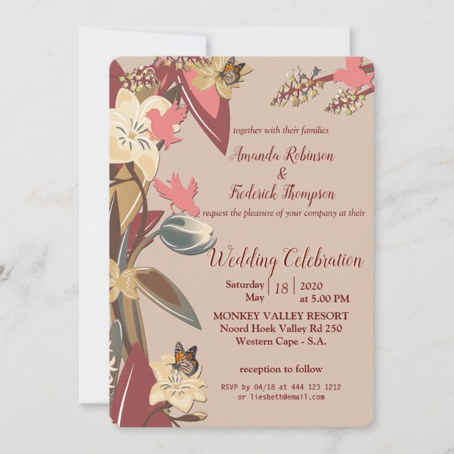 Tan - Marsala Wine ,  Hues of Pink Wedding Invitation (Front)