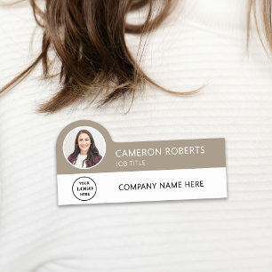 Tan Modern Business Logo Photo Employee Name Tag