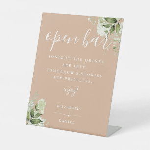 Tan Modern Elegant Greenery Floral Open Bar Pedestal Sign