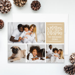 Tan Modern Merry Christmas Script   Photo Collage Holiday Card