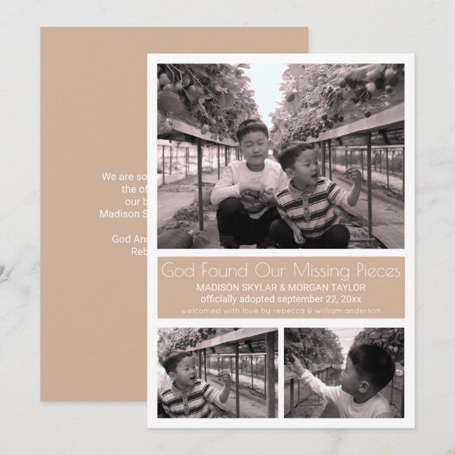 Tan Modern Minimalist Child Adoption 3 Photo Announcement (Front/Back)