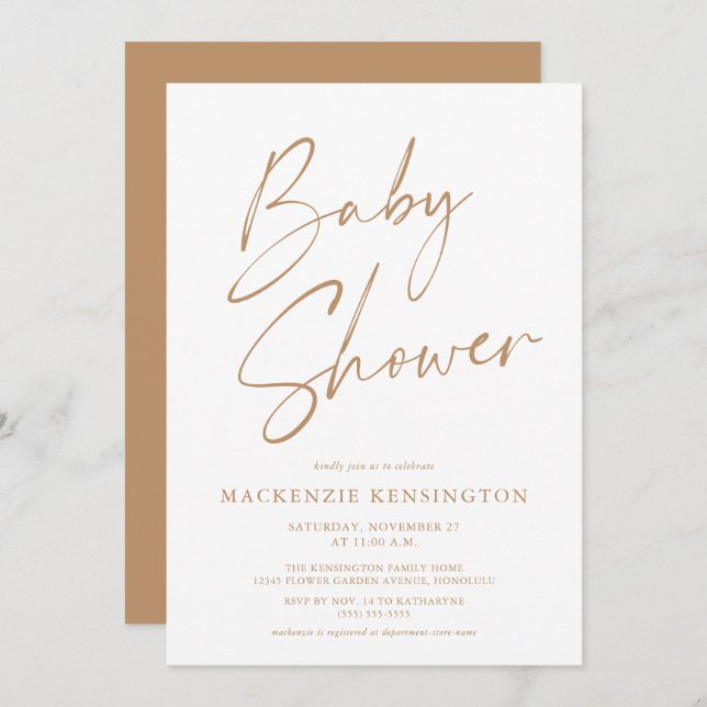 Tan Modern Minimalist Script Baby Shower Invite (Front/Back)