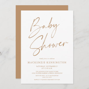 Tan Modern Minimalist Script Baby Shower Invite