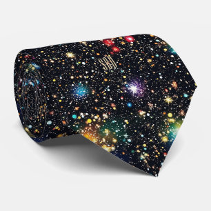 Tan Monogram Colourful Cosmic Star Cluster Tie