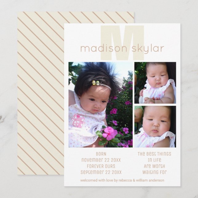 Tan Monogram Simple Adoption 3 Photo Collage Announcement (Front/Back)